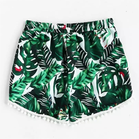 Palm Leaf Print Dry Wick Pom Shorts Summer Beach - Picture 2 of 7